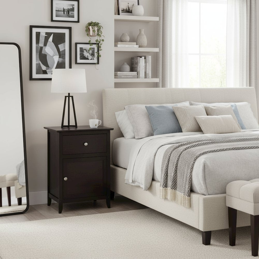 Farmhouse End Table With Storage Espresso Finish, Wooden Side Table And Drawer