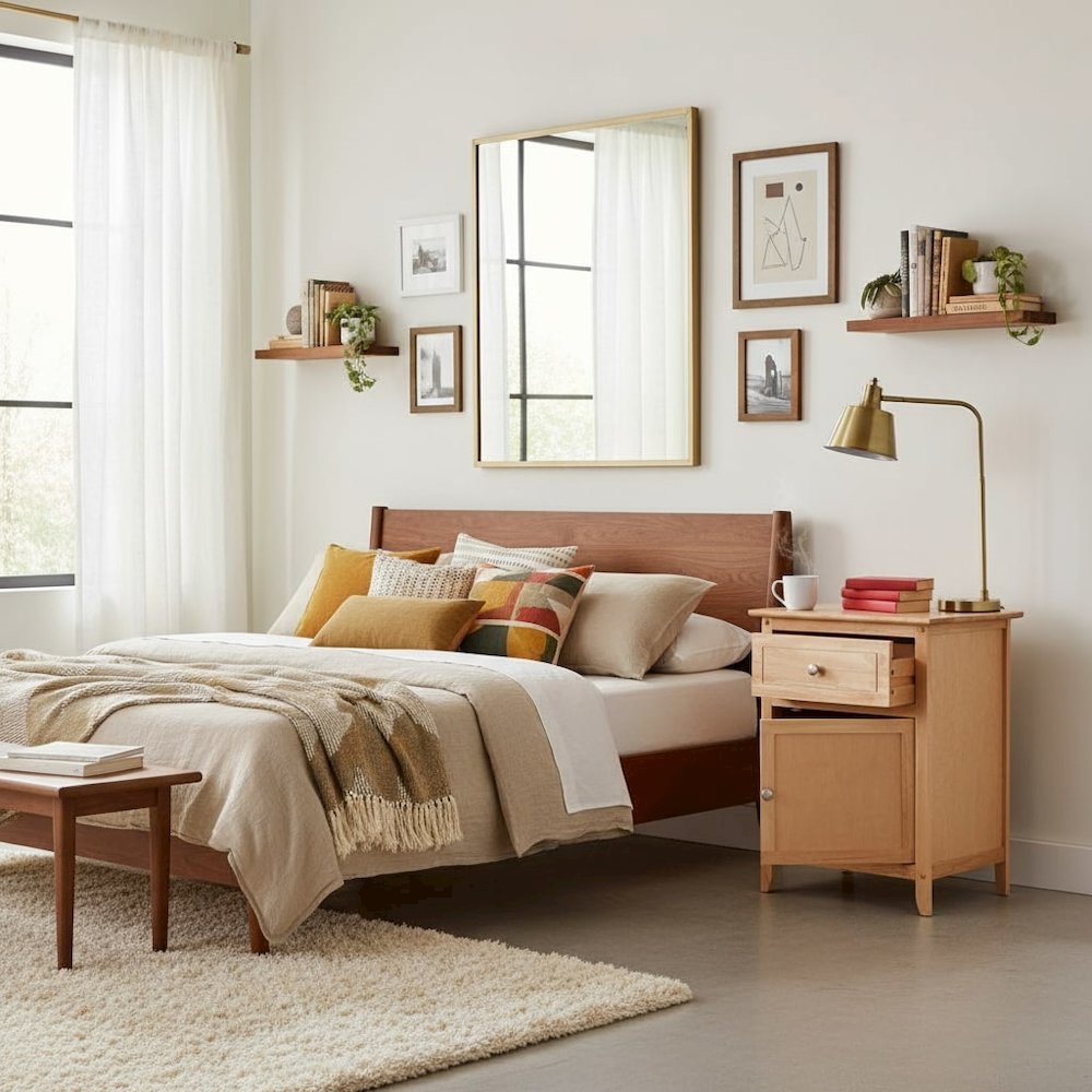 Natural Accent Table with Drawer and Cabinet, Compact Nightstand