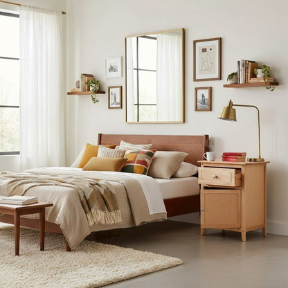 Natural Accent Table with Drawer and Cabinet, Compact Nightstand