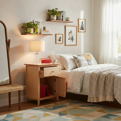 Natural Accent Table with Drawer and Cabinet, Compact Nightstand