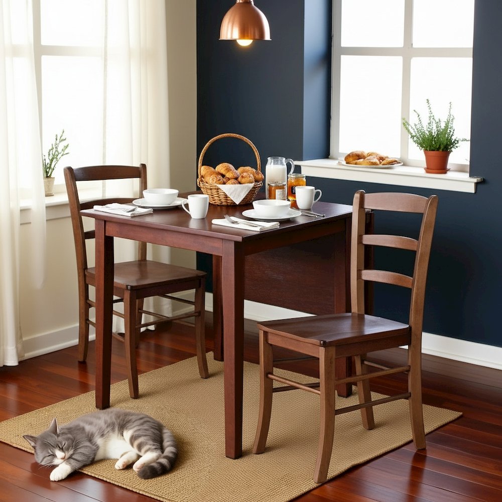 Solid Wood Drop Leaf Dining Table Set For 2 With Chairs In Walnut Finish