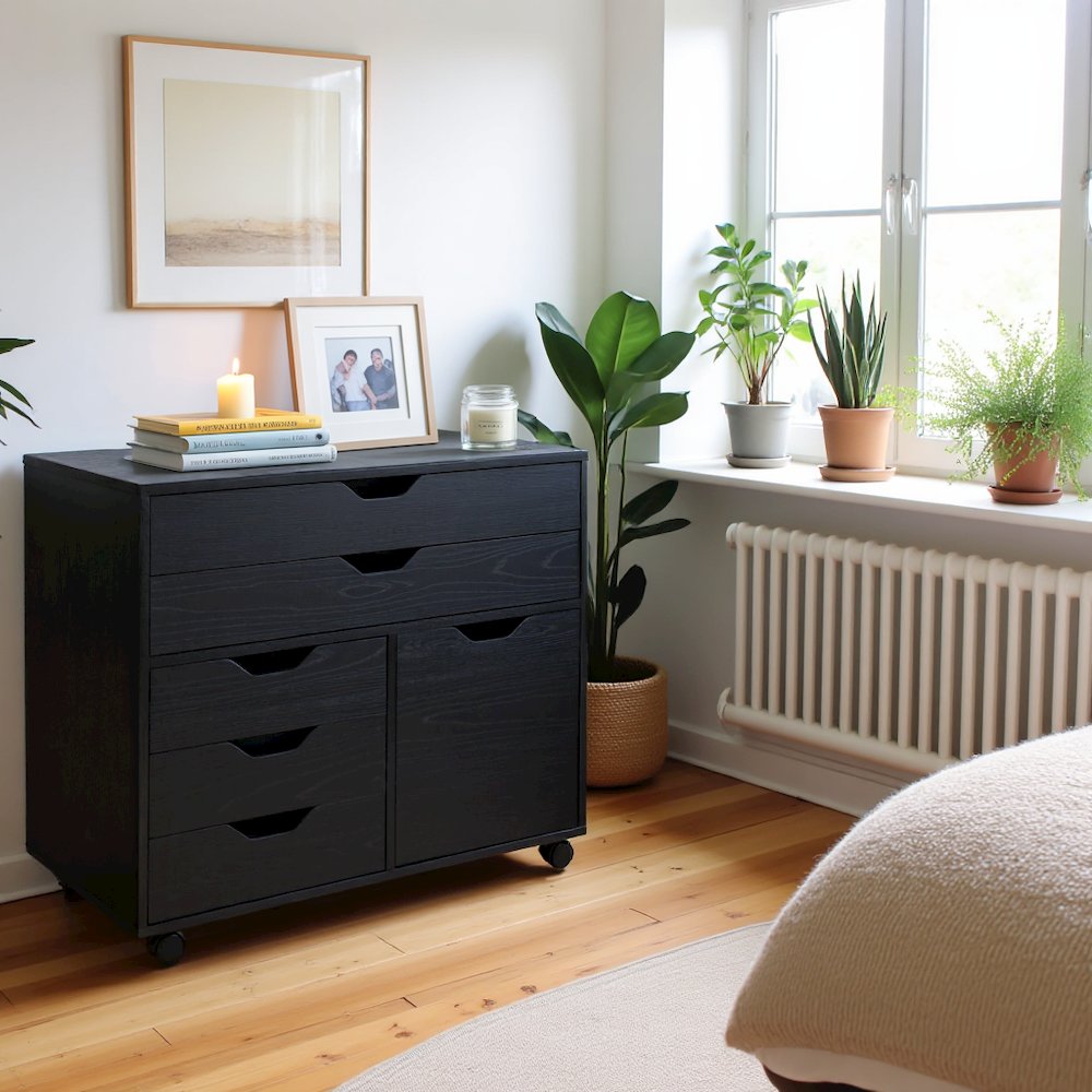 Black Office Storage Cabinet With Drawers, Storage Cabinet On Wheels