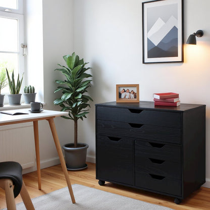 Black Office Storage Cabinet With Drawers, Storage Cabinet On Wheels