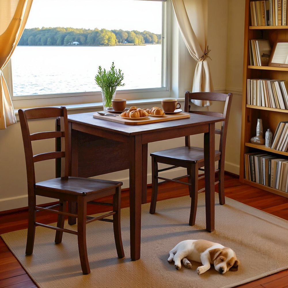 Solid Wood Drop Leaf Dining Table Set For 2 With Chairs In Walnut Finish
