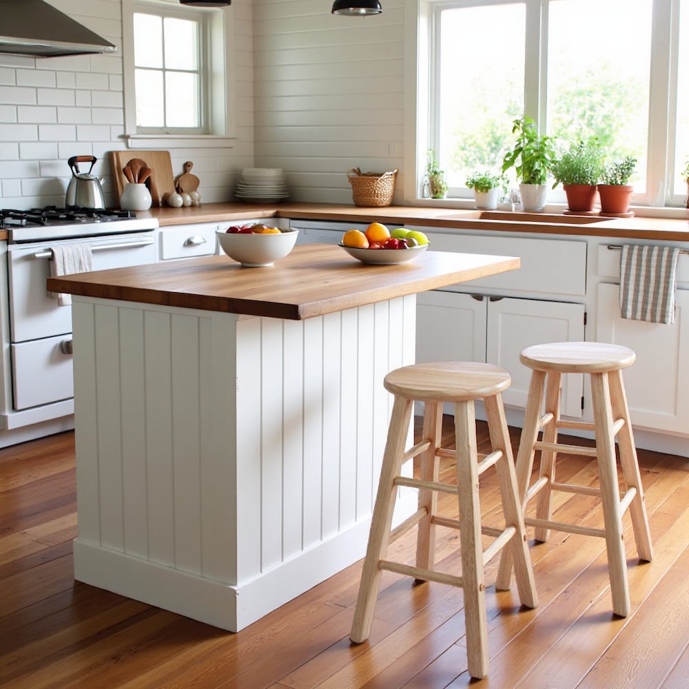 Natural Solid Wood Kitchen Stools Set of 2, Bar Chairs for Counter Seating