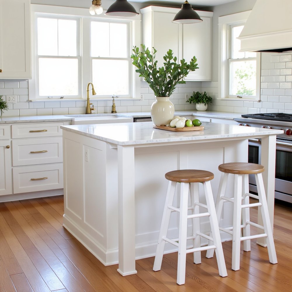 Natural & White Solid Wood Kitchen Stools Set of 2, Bar Chairs, Counter Seating