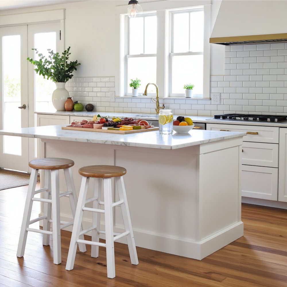 Natural & White Solid Wood Kitchen Stools Set of 2, Bar Chairs, Counter Seating