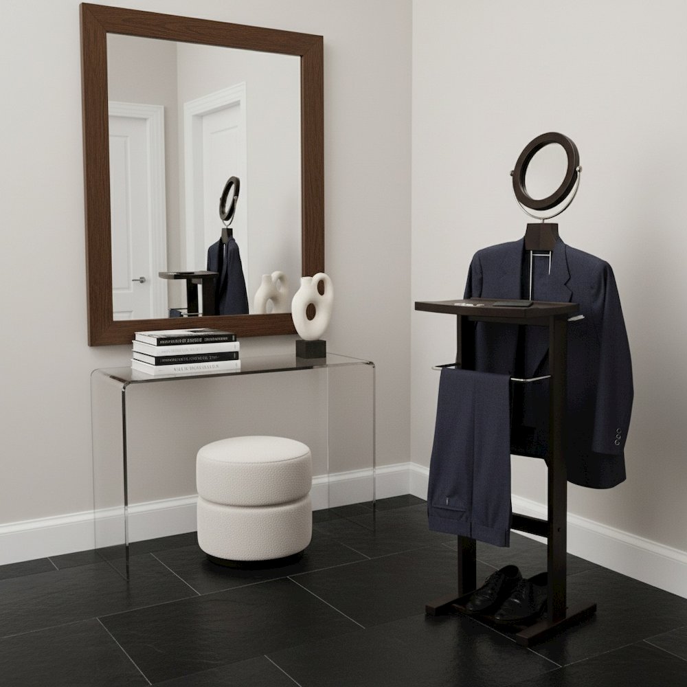 Espresso Solid Wood Suit Stand, Valet Stand for Clothes with Mirror and Tray