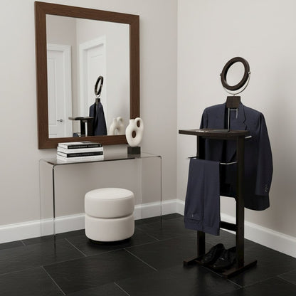 Espresso Solid Wood Suit Stand, Valet Stand for Clothes with Mirror and Tray