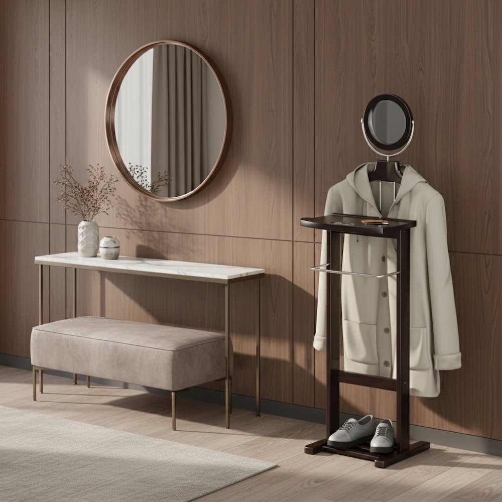 Espresso Solid Wood Suit Stand, Valet Stand for Clothes with Mirror and Tray