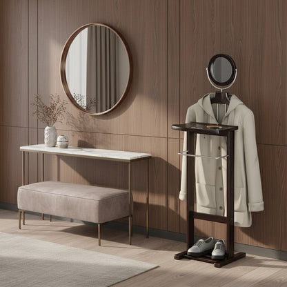 Espresso Solid Wood Suit Stand, Valet Stand for Clothes with Mirror and Tray