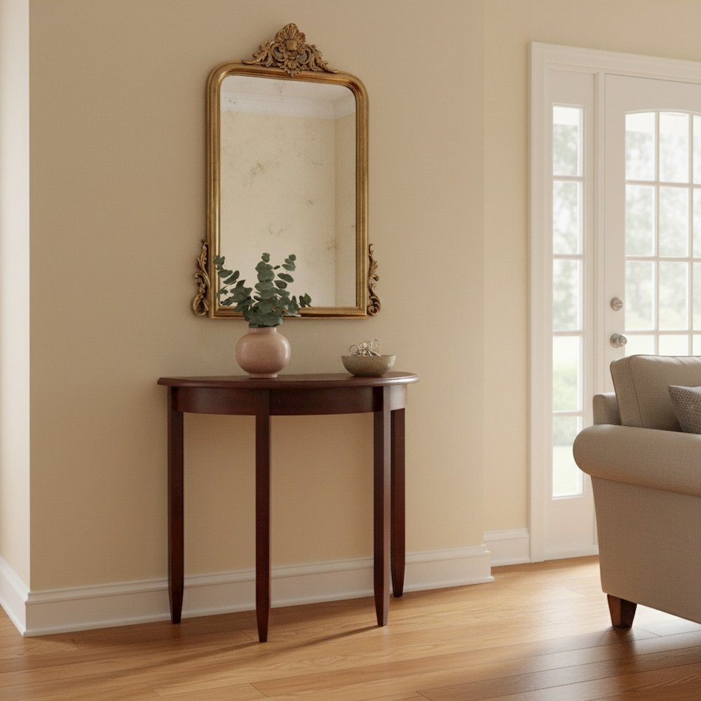 Solid Wood Half Moon Table in Antique Walnut Finish, Small Entry Table