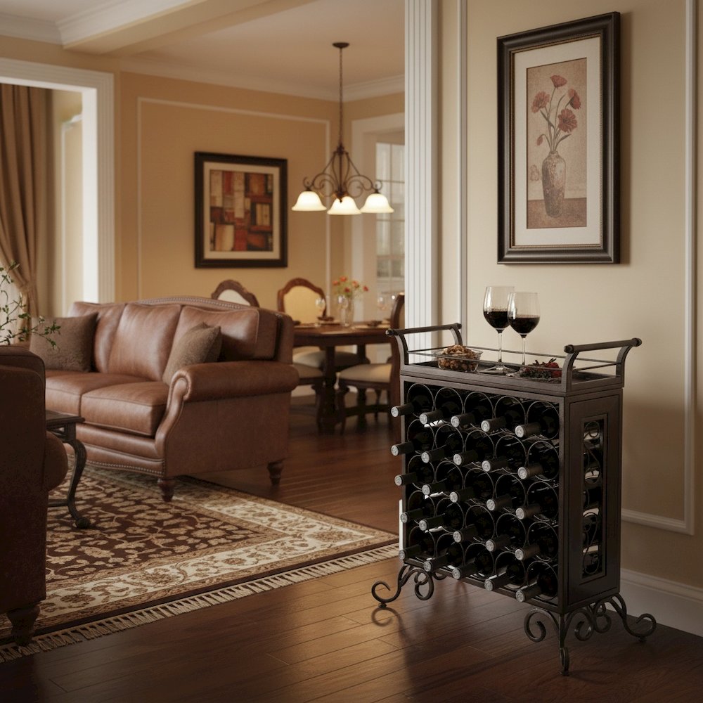 Metal Wine Rack Freestanding Floor With Wooden Tray For 25 Bottle Storage