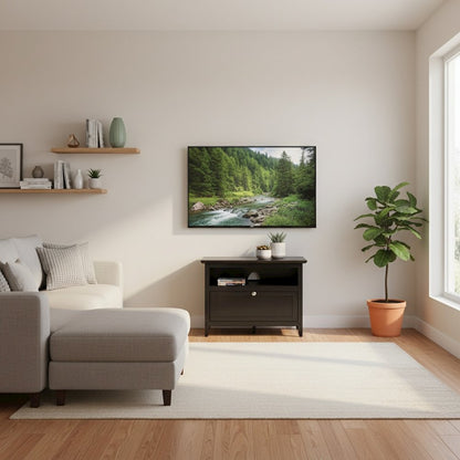 Small Wooden TV Stand With Shelf And Pull Down Door For Living Room