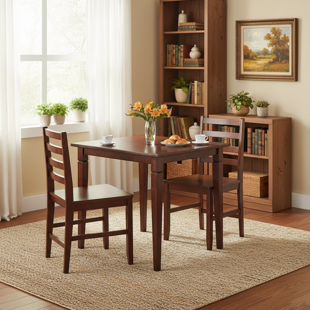Square Dining Set, 3-Piece, 2 Ladder Back Chairs, Solid Wood