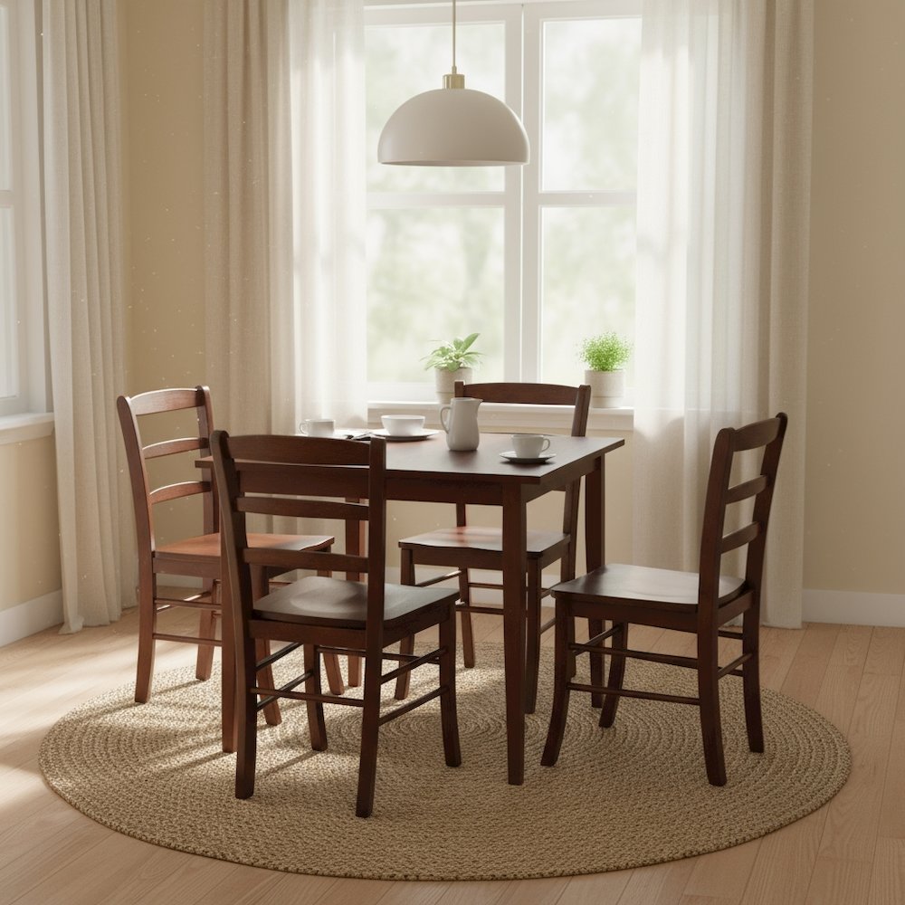 Square Dining Set, 5-Piece, 4 Ladder Back Chairs, Solid Wood