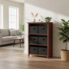 3-Section Storage Shelf with 6 Foldable Baskets, Walnut Finish