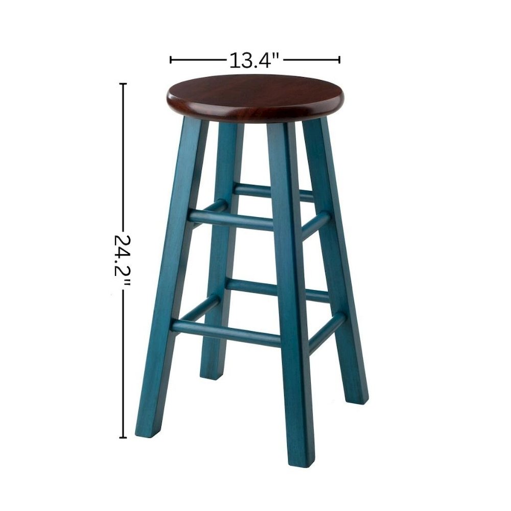 24" Rustic Teal Counter Stool, Round Solid Wood Seat, Fully Assembled