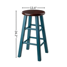 24" Rustic Teal Counter Stool, Round Solid Wood Seat, Fully Assembled