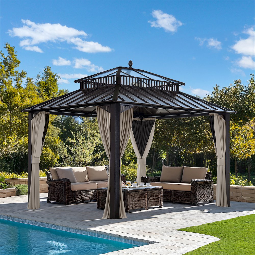 12 ft x 10 ft Hardtop Gazebo with Steel & PC Roof, Brown Aluminum Frame