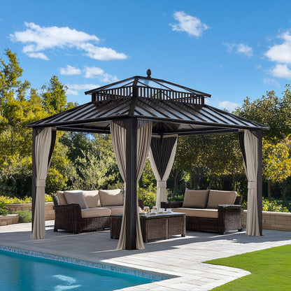 12 ft x 10 ft Hardtop Gazebo with Steel & PC Roof, Brown Aluminum Frame