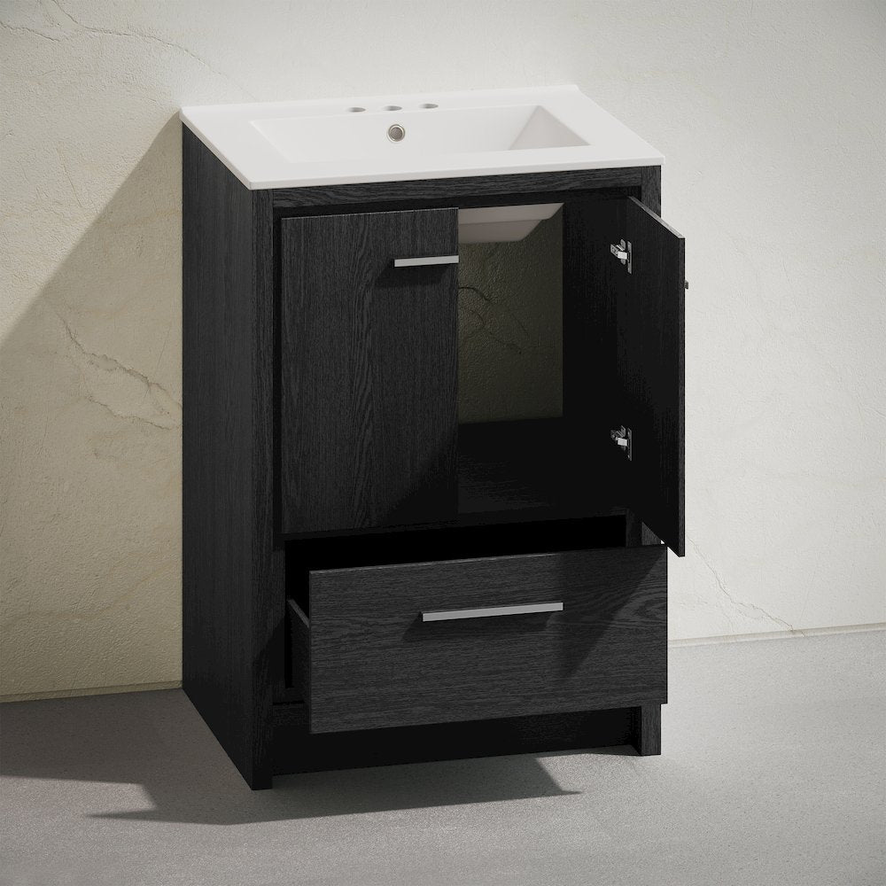 24" Freestanding Bathroom Vanity in Black Oak with 3-Hole Centerset Sink Top