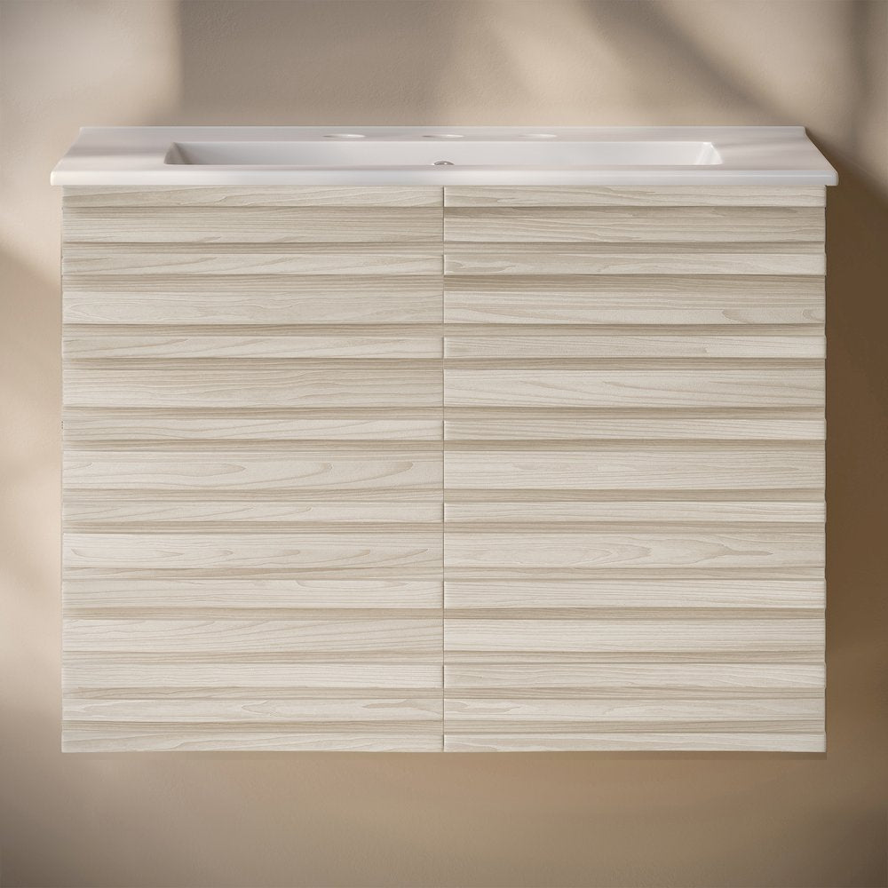 Cascade Wall-Mounted Bathroom Vanity in White Oak with 3-Hole Sink Top