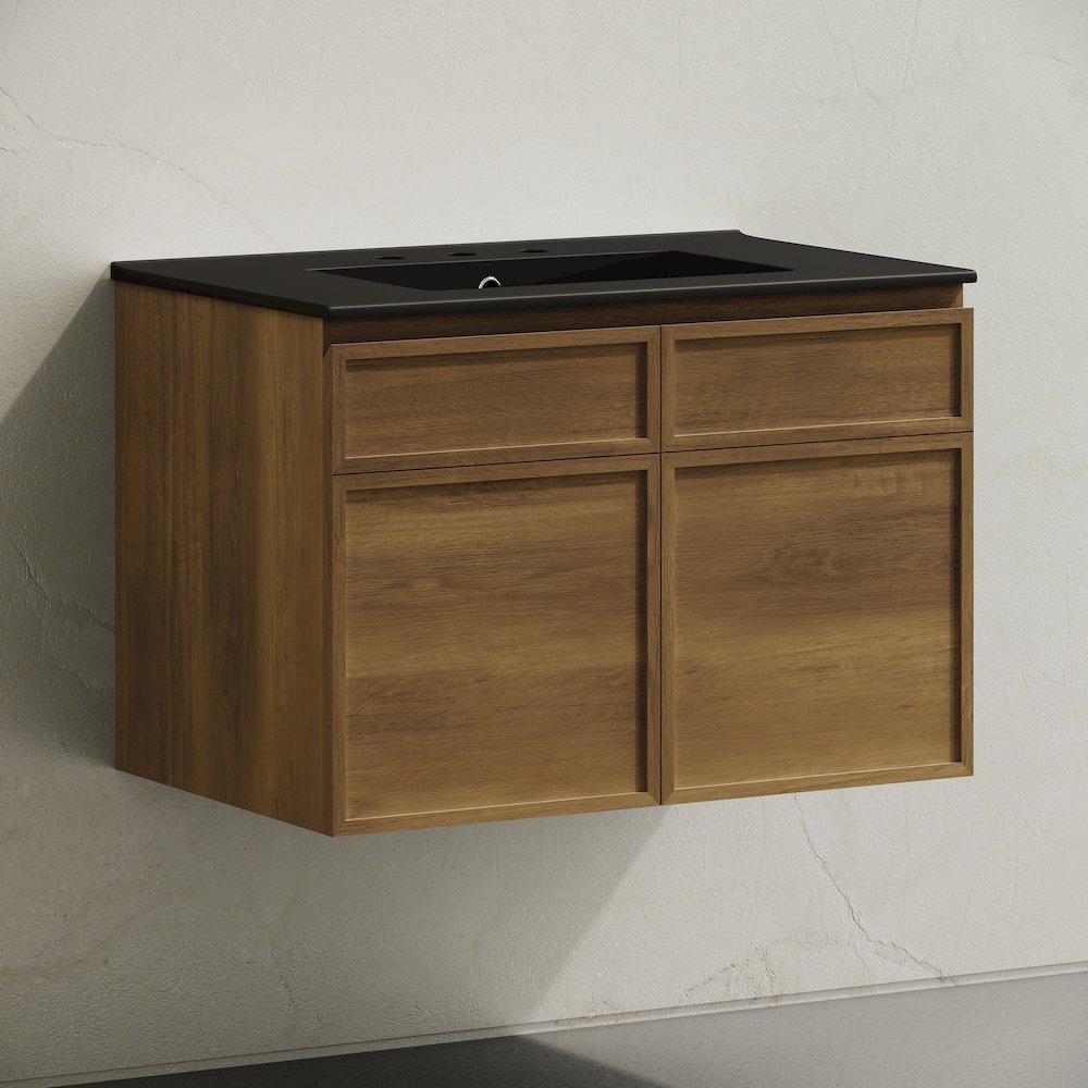 30" Wall-Mounted Bathroom Vanity in Brown Oak with Black Widespread Sink Top