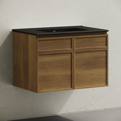 30" Wall-Mounted Bathroom Vanity in Brown Oak with Black Widespread Sink Top