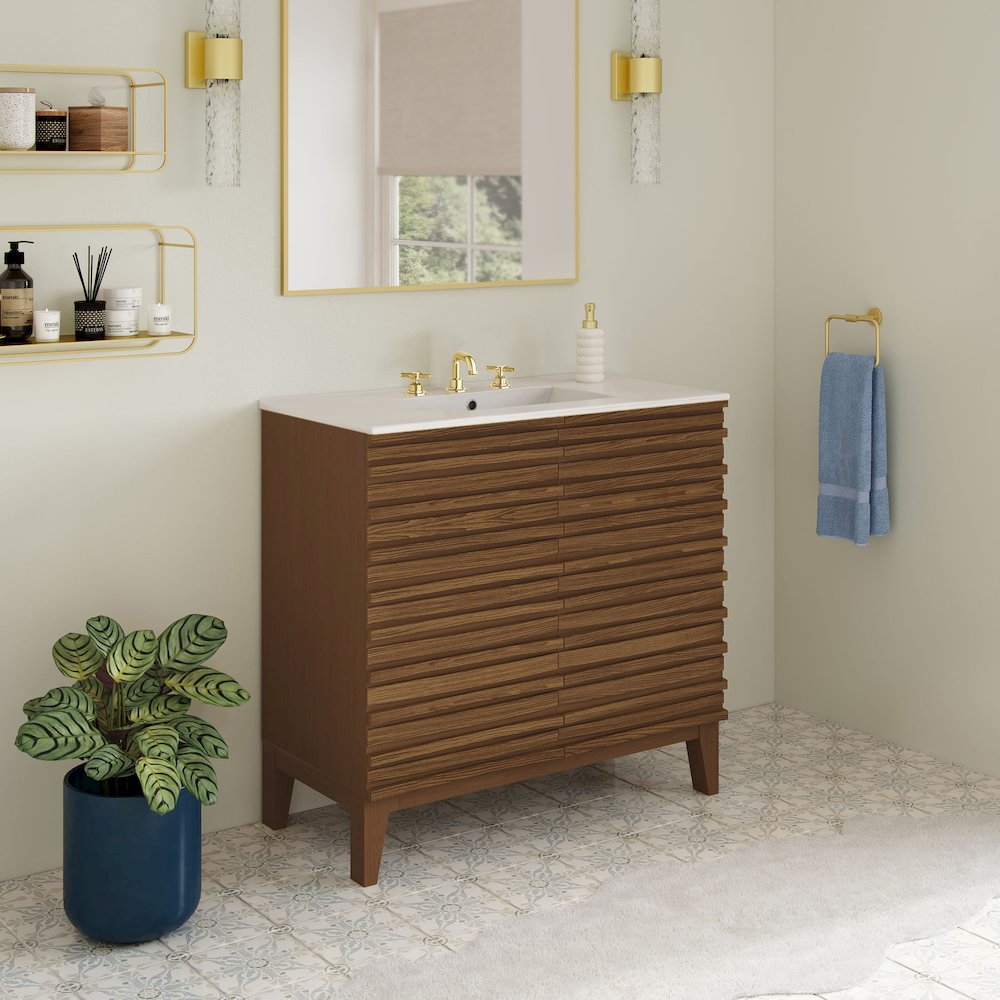 30" Freestanding Bathroom Vanity in Brown Oak with 3-Hole Widespread Sink Top