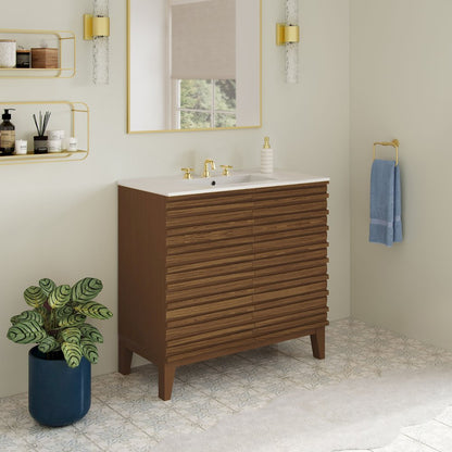 30" Freestanding Bathroom Vanity in Brown Oak with 3-Hole Widespread Sink Top