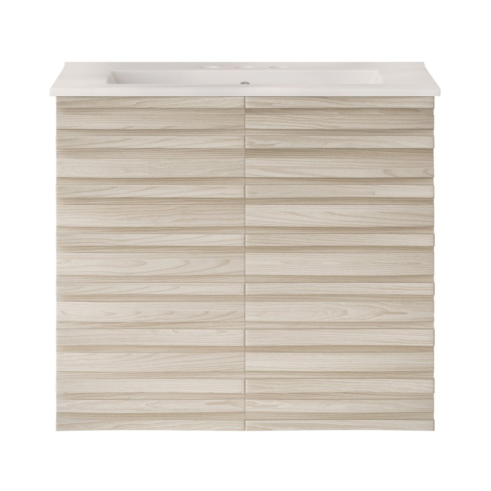 Cascade Wall-Mounted Bathroom Vanity in White Oak with 3-Hole Centerset Sink Top