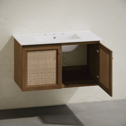 36" Bathroom Vanity in Brown Oak with Widespread Faucet Holes Vanity Top