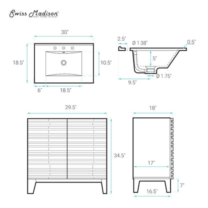 30" Freestanding Bathroom Vanity in Brown Oak with 3-Hole Widespread Sink Top