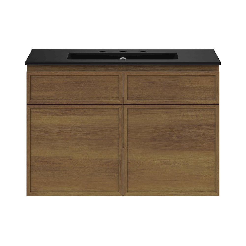 30" Wall-Mounted Bathroom Vanity in Brown Oak with Black Widespread Sink Top