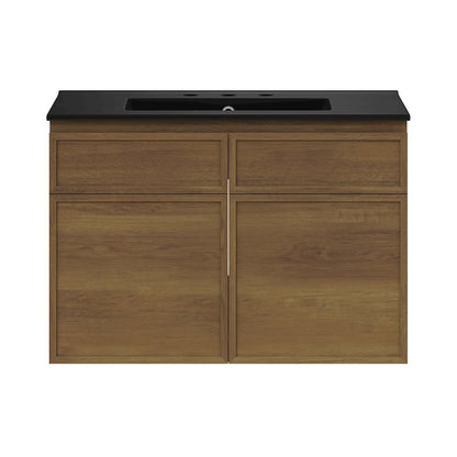 30" Wall-Mounted Bathroom Vanity in Brown Oak with Black Widespread Sink Top