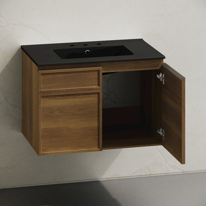 30" Wall-Mounted Bathroom Vanity in Brown Oak with Black Widespread Sink Top
