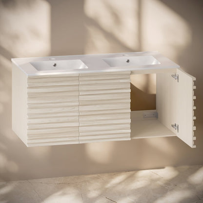 Cascade 48" Wall-Mounted Bathroom Vanity in White Oak with Double Basin Sink Top