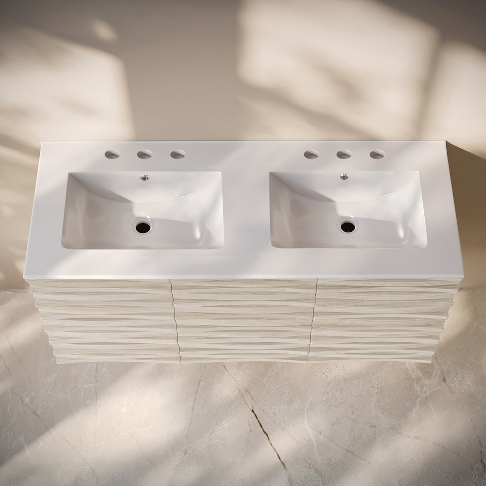 Cascade Wall-Mounted Bathroom Vanity in White Oak with 3-Hole Double Sink Top