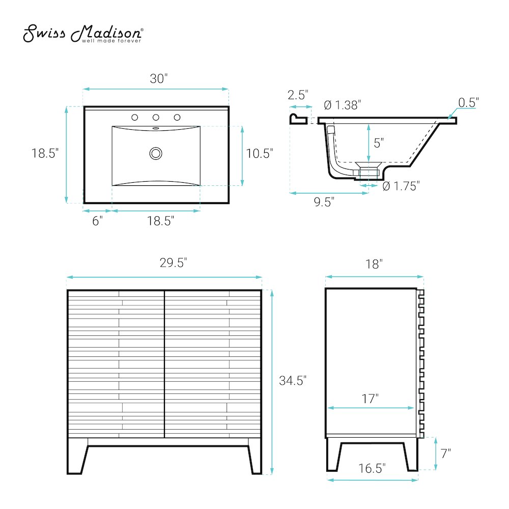 30" Freestanding Bathroom Vanity in Natural Oak with 3-Hole Widespread Sink Top