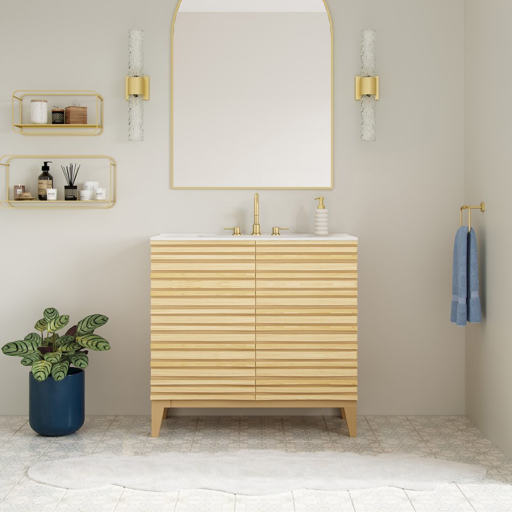 30" Freestanding Bathroom Vanity in Natural Oak with 3-Hole Widespread Sink Top