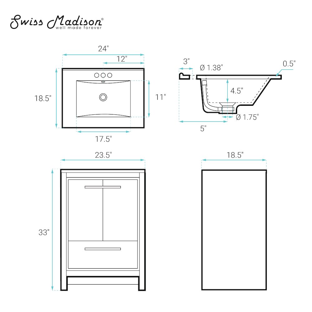24" Freestanding Bathroom Vanity in Black Oak with 3-Hole Centerset Sink Top