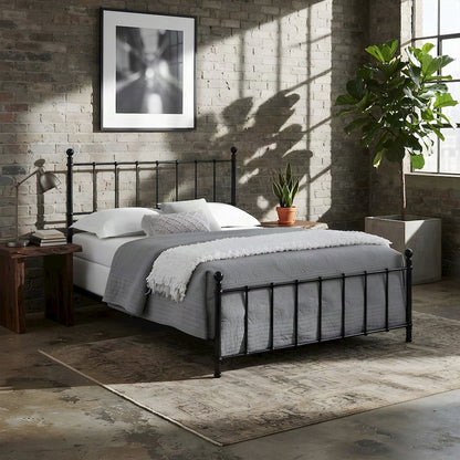 Full Size Metal Flat-Rail Platform Bed Frame with Spindle Headboard
