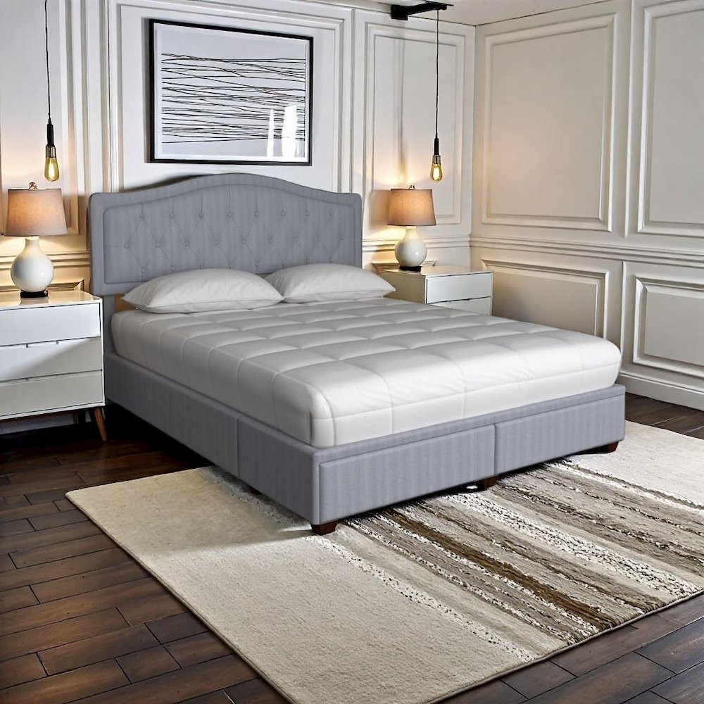 Gray Queen Bed Frame with 2 Drawers and Upholstered Storage Headboard