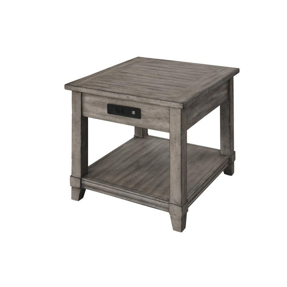 Gray Wooden Side Table with Drawer, USB Ports – End Tables Living Room