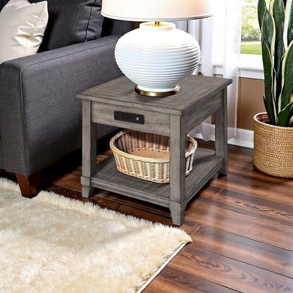 Gray Wooden Side Table with Drawer, USB Ports – End Tables Living Room