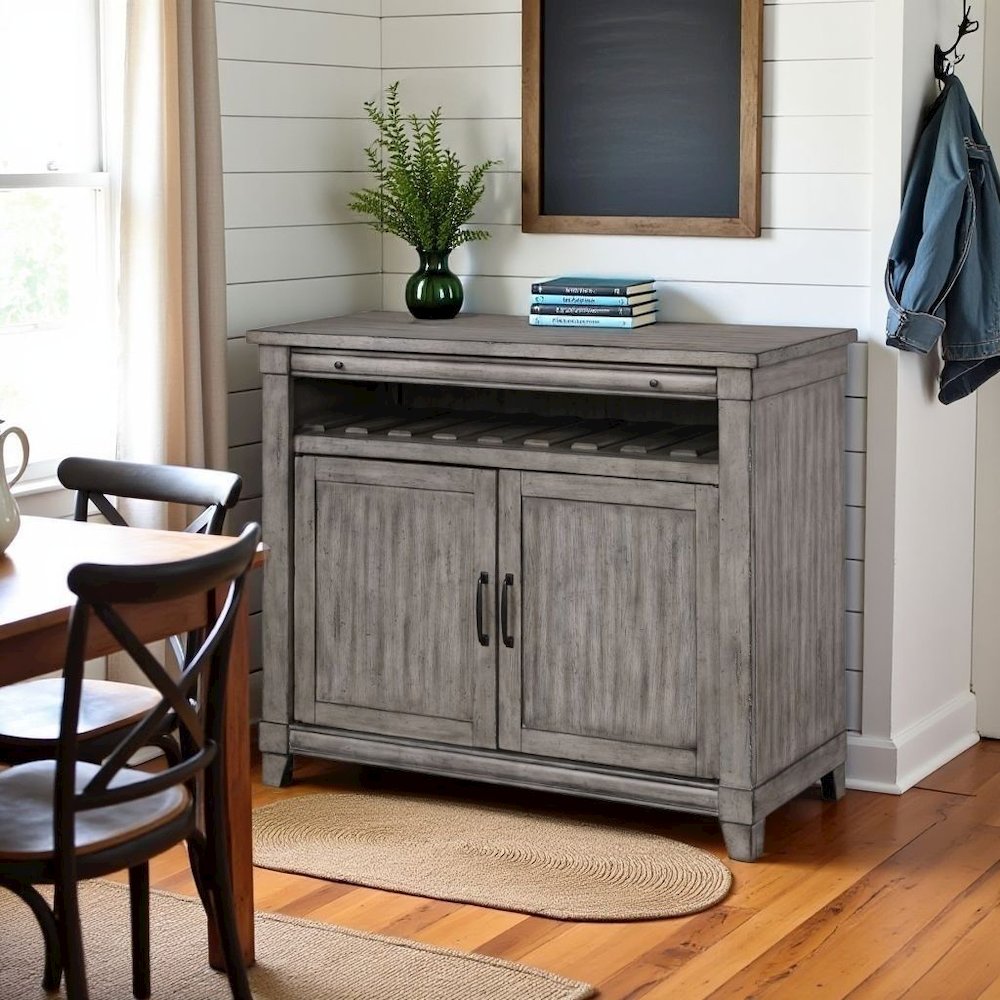 Gray Console Table with Storage – Rustic Bar Cabinet for Living Room Use