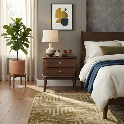 Solid Rubberwood Veneer Nightstand, Mid-Century Modern Bedside Table
