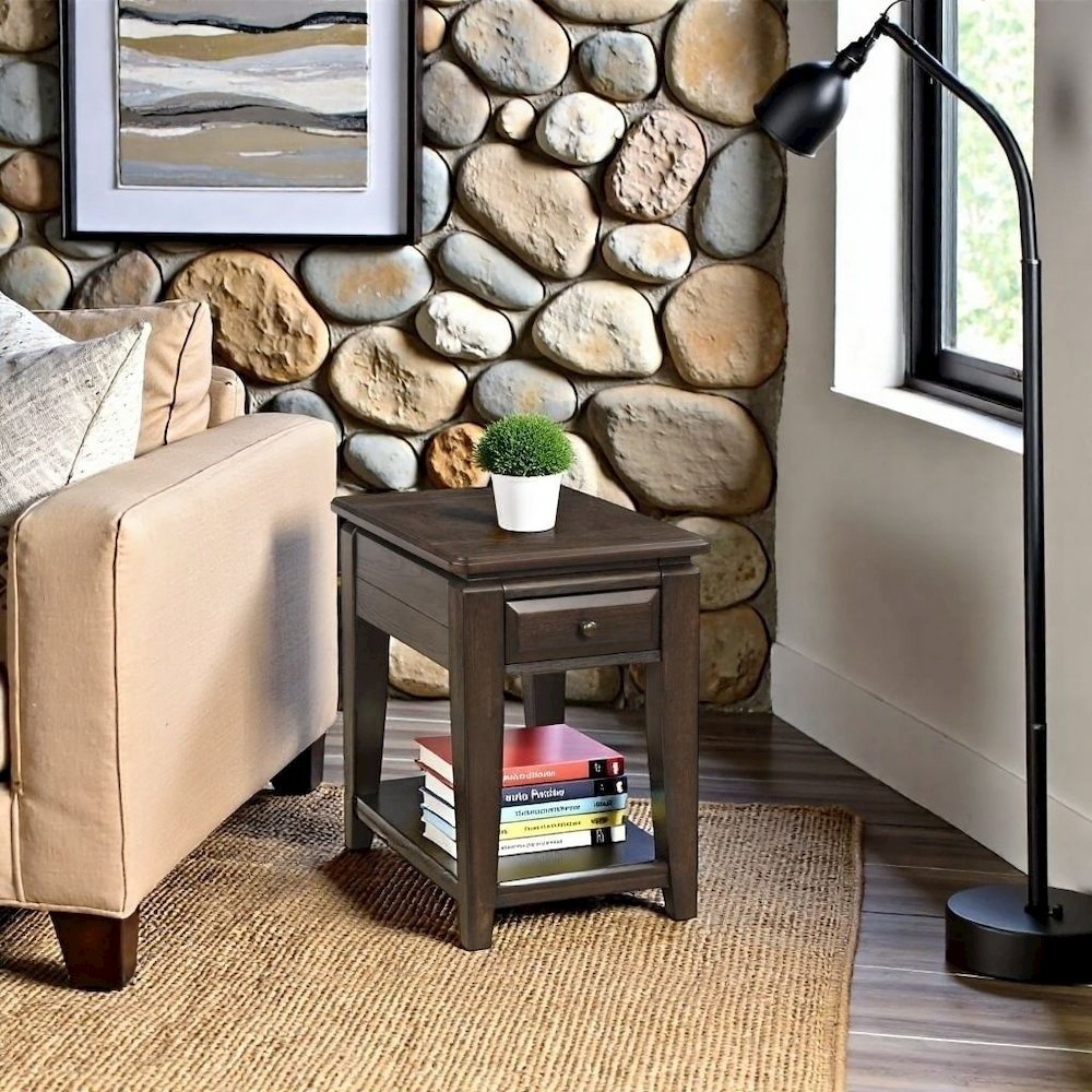 Mahogany Side Table with 1 Drawer – Wooden Table for Bedroom or Living Room