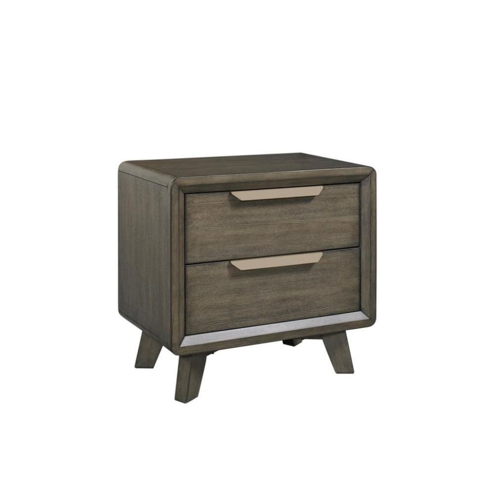 Dark Wood Two Drawer Nightstand with USB and Bronze Pulls on Block Feet